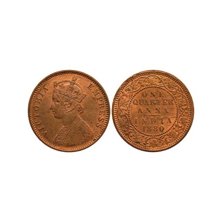 Victoria Empress, Copper Quarter Anna, 1880/Calcutta Mint, F. Prid 614. Unc, Rare.