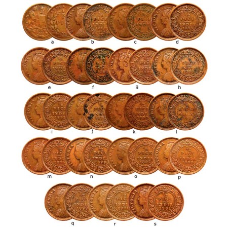 Victoria Queen, Empress & Eic, Copper (19 coins), ½ Pice, 1853,1862,1885,1886,1887,1888,18