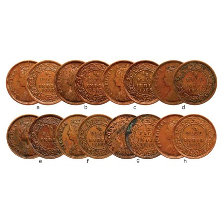 Victoria Empress, Copper (8 coins), ½ Pice, 1885, 1887, 1876, 1888, 1894, 1895, 1897, 1899