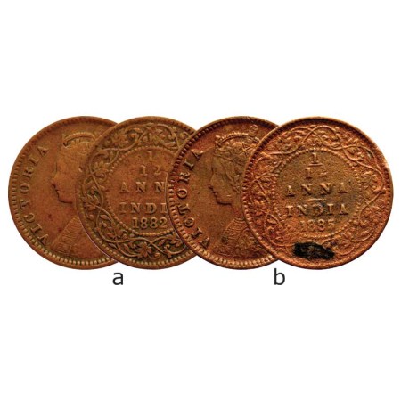Victoria Empress, Copper (2 coins), 1/12 Anna, 1882/1885 Calcutta Mint, F. Pridmore 788,79