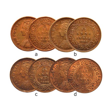 Victoria Empress, Copper (4 coins), 1/12 Anna, 1884/Bombay Mint, 1886/ 1895/ 1899 Calcutta
