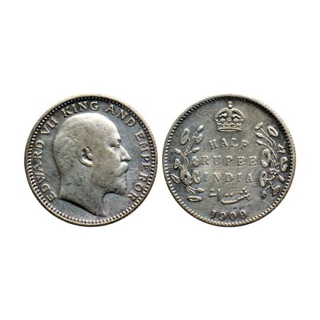 Edward VII, Silver ½ Rupee, 1909/Calcutta Mint, no Mint Mark, F. Pridmore 313. Very Fine +