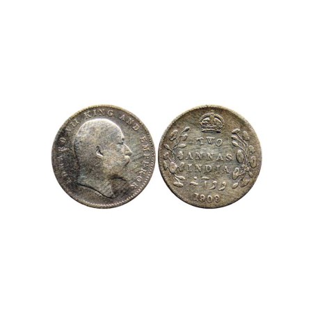 Edward VII, Silver 2 Annas, 1909/Calcutta Mint, no Mint Mark, F. Pridmore 562. About Very 