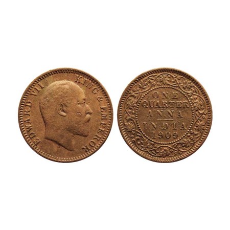 Edward VII, Copper Quarter Anna, 1909/Calcutta Mint. F. Pridmore 654. Very Fine +, Rare.