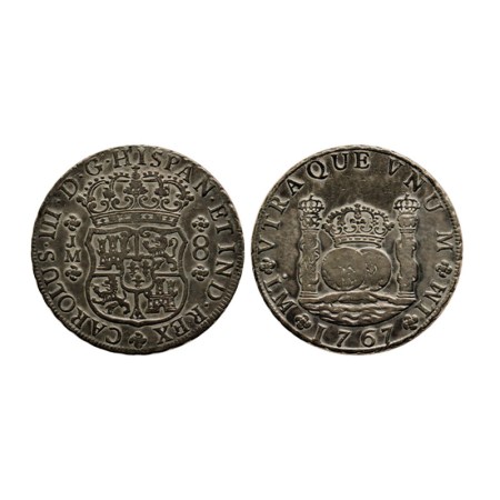 Peru, Silver 8 Reales, 26.75gm, 1767 LM JM, Lima Mint, Obv: Crowned Arms, CAROLUS.III.D,G.