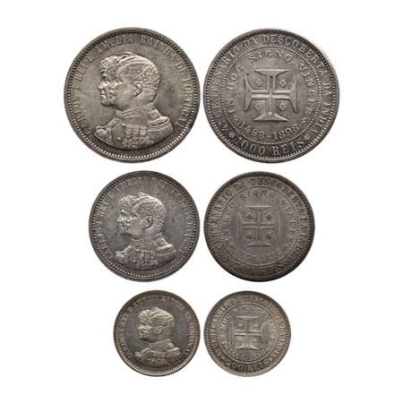 Portugal, Silver set of 3 coins, 1898, 400th Anniversary Discovery of India. 1000 Reis, 50