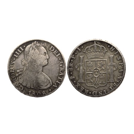 Spain, Silver 8 Reales, 26.73gm, 1808 (FA), Mint Madrid, Obv: Head right CAROLUS.IIII DEI.