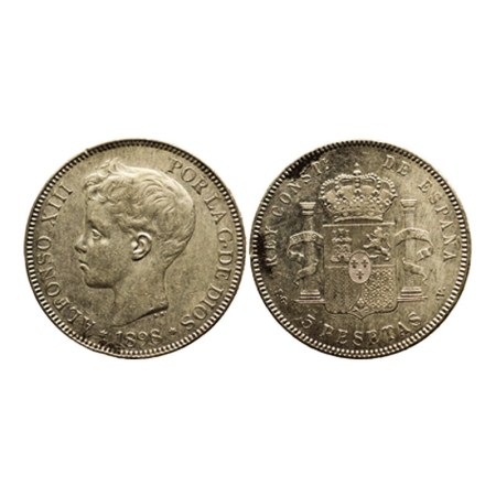 Spain, Silver 5 Pesetas, 24.70 gm, 1898 SG-V, Obv: Portrait head left and date, Rev: Coat 