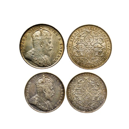 Straits Settelment, Silver Dollar (2), 20.14gm/20.10gm, 1907/1908, Ruler Edward VII, Obv: 