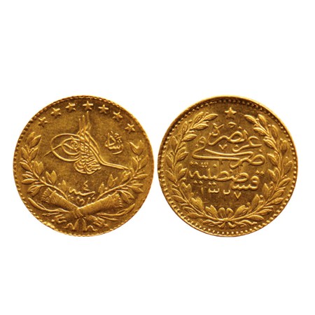 Turkey, Gold 25 Kurush, 1.80gm, AH 1327/4, Muhammad V, Obv: Toughra. ' Reshat' to right, R