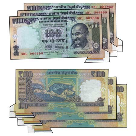 Republic of India, Error 100 Rupees (3), 2014 Signed by Raghuram G. Rajan, Inset L, Serial