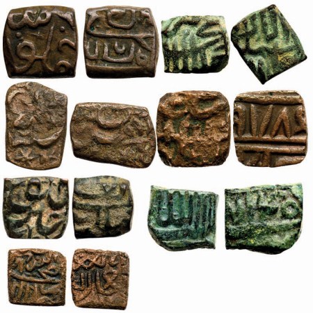 Akbar, Copper Square Damra (7), Malwa Type, Sironj, Sikar, Ujjain Mint & other (4), unattr