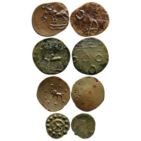 Banvasi Region, Potin Unit (4), Obv: Bull facing left below wavy line, crude Brahmi legend