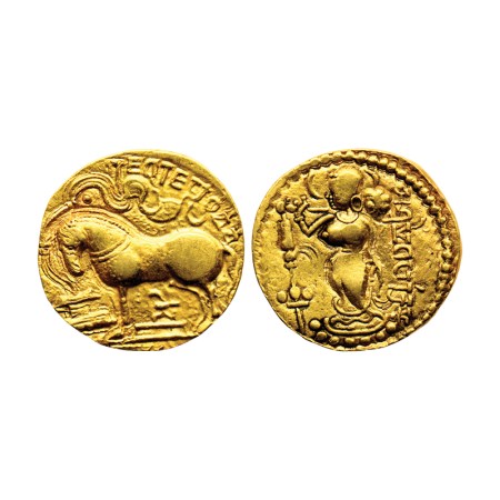 Guptas, Samudragupta, Gold Dinar, 7.70gm, Asvamedha Type, Obv: Sacrificial horse facing le