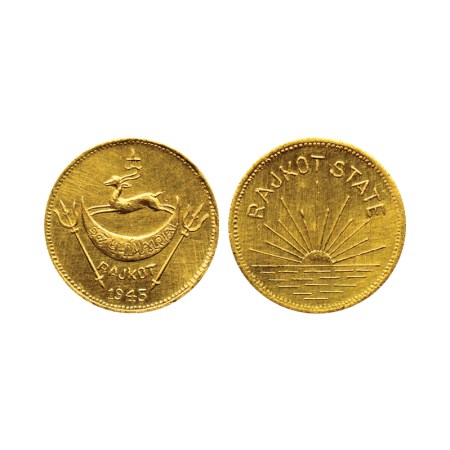 Rajkot, Gold Mohur, 7.90gm, Dharmendrasinghji (1930-1948 AD), Rajkot Mint, crest of the St