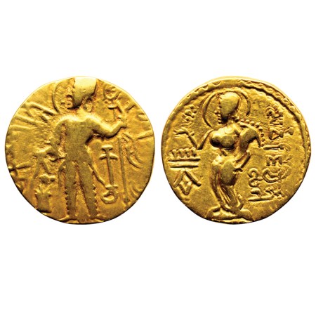 Guptas, Samudragupta, Gold Dinar, 7.20gm, Kacha Type, Obv: King standing to left, holding 