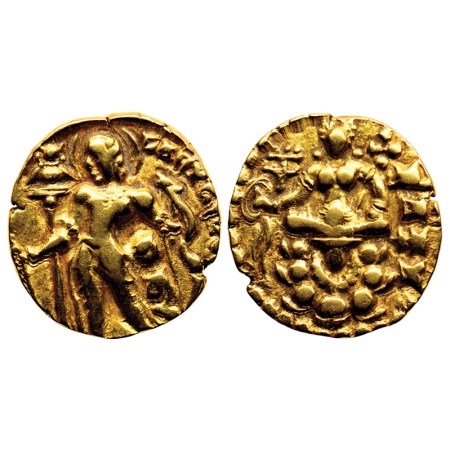 Guptas, Chandragupta II, Gold Dinar, 7.96gm, Archer Type, Obv: King nimbate, stylised stan