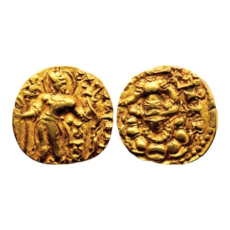 Guptas, Chandragupta II, Gold Dinar, 8.12gm, Archer Type, Obv: King nimbate, standing left