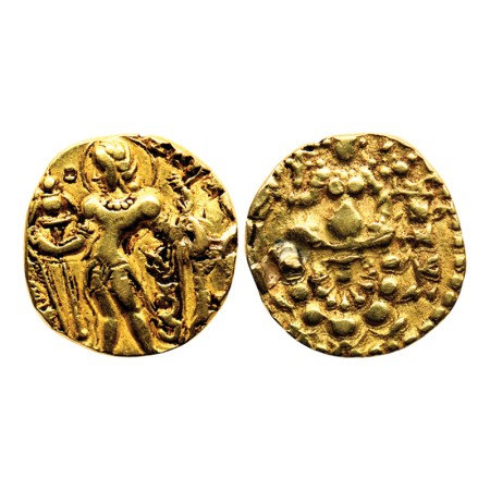 Guptas, Chandragupta II, Gold Dinar, 8gm, Archer Type, Obv: King nimbate, standing left ho