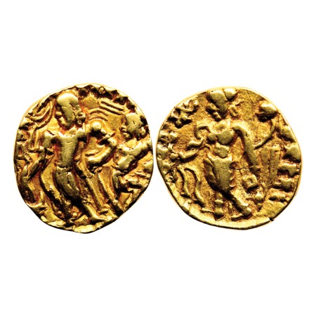 Guptas, Chandragupta II, Gold Dinar, 7.75gm, Without Parasol/Chhatra Type, Obv: King stand