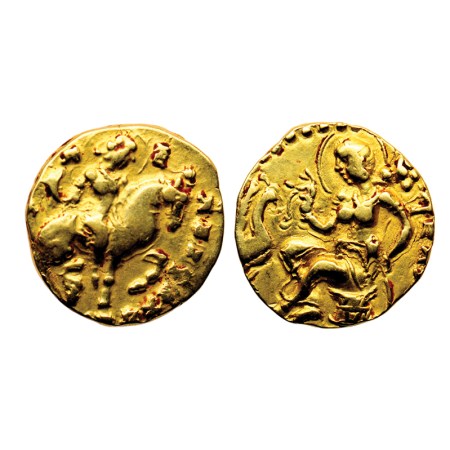 Guptas, Kumaragupta II, Gold Dinar, 8.17gm, Horseman type, Obv: King on horseback to right