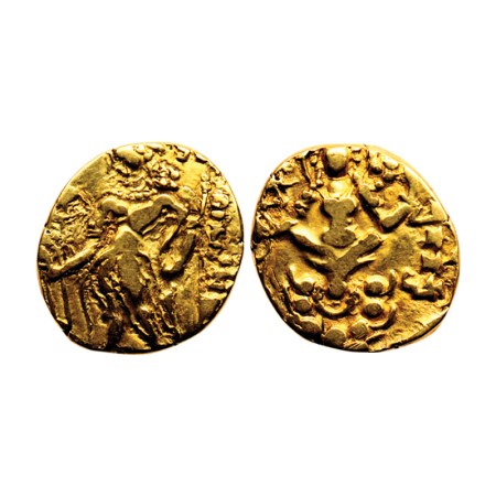 Guptas, Kumargupta (415-450 AD), Gold Dinar, 7.65gm, Reverse Archer Type, Obv: King nimbat