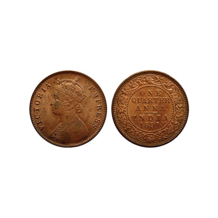 Victoria Empress, Copper Quarter Anna, 1891, Calcutta Mint, Type II. Prid. 624, Toned Bril
