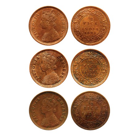 Victoria Empress, Copper 1/2 Pice (3), 1894, 1898, 1900, Calcutta Mint. Prid. 727, 731,733