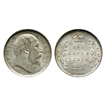 Edward VII, Silver Rupee, 1906, Calcutta Mint, No Mint Marks. Prid. 192. Unc, Scarce.