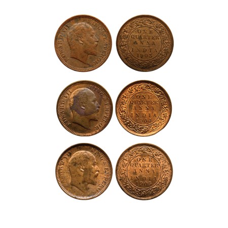 Edward VII, Copper Quarter Anna (3), 1903,1904, 1905, Calcutta Mint. Prid. 646, 647, 649. 