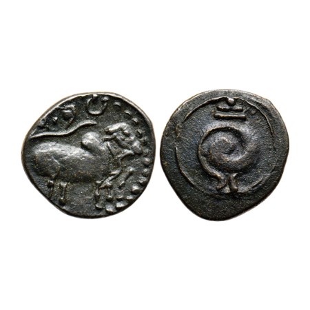 Pallavas of Kanchi, Potin Unit, 3.55gm, Obv: Humped bull standing facing to right, above c