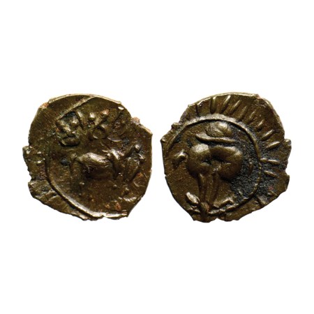 Pallavas of Kanchi, Potin Fraction, 0.95gm, Obv: Bull standing facing to right above Brahm