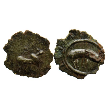 Pallavas of Kanchi, Mahendravarman I, Potin Fraction, 0.95gm, Obv: Bull standing facing to
