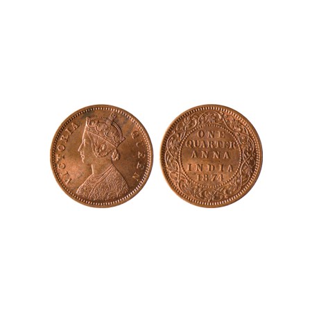 Victoria Queen, Copper Quarter Anna, 1874, Calcutta Mint, Burst B/ Reverse II. F.Prid. 608