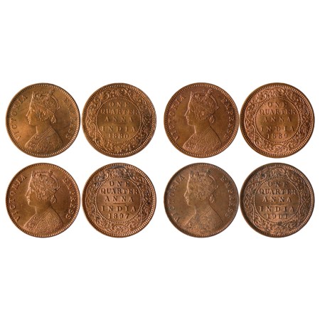 Victoria Empress, Copper Quarter Anna (4), 1880, 1889, 1897, 1901, Calcutta Mint, Burst B/
