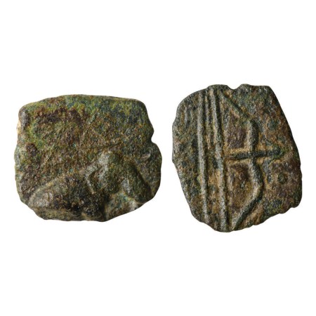 Sangam Age, Chera, Copper Unit, 4.39gm, Obv: Elephant standing facing to right, dumb bell 