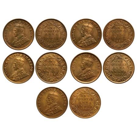 George V, Copper Quarter Anna (5), 1920/1933/Calcutta Mint, 1927/1928/1936/Bombay Mint, F.