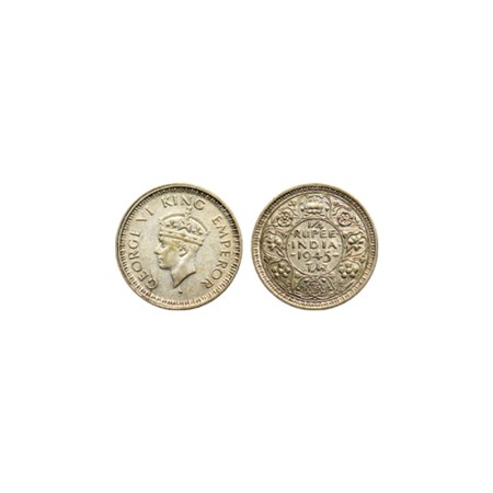 George VI, Hallf Silver 1/4 Rupee, 1945, Bombay Mint, Large 5. F.Prid.470. Extra Fine +, S