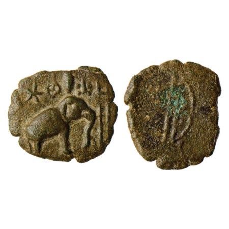 Sangam Age, Chera, Copper Unit, 4.05gm, Obv: Elephant walking to right, front of a trident