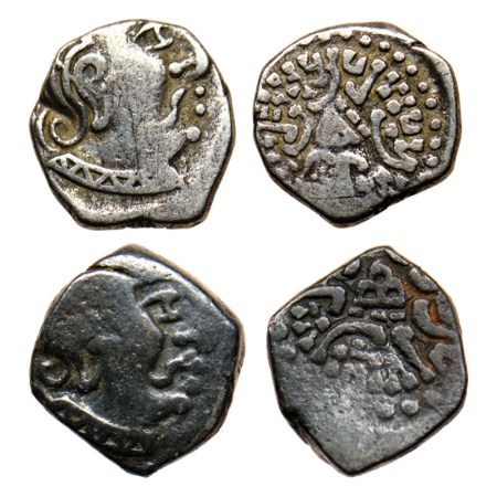 Traikutakas, Dharasena, Silver Drachma (2), Obv: Bust of king facing to right, Rev: Three 