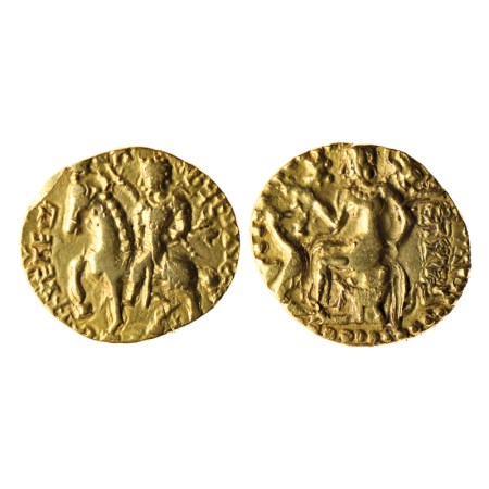 Guptas, Kumargupta I, Gold Dinar, Horseman Type, Obv: King on horseback facing to left, ri