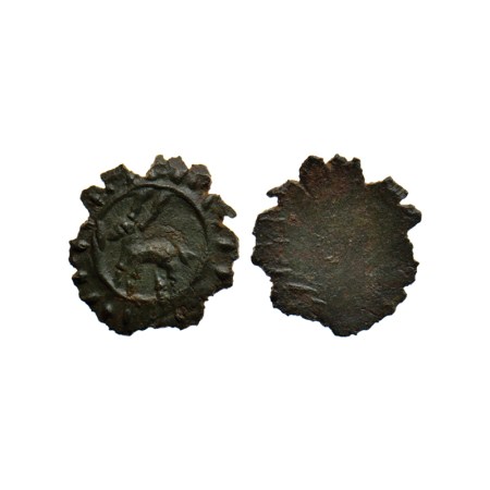 Pallavas of Kanchi, Potin Unit, 0.98gm, Obv: Standing deer facing left in circle, Rev: Wor