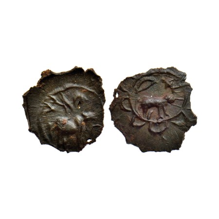 Pallavas of Kanchi, Commemorative Coin of Mahendravarman I, Potin Unit, 1.03gm, Obv: Bull 