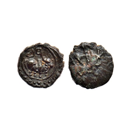 Pallavas of Kanchi, Potin Unit, 2.08gm, Vishnukundin type, Obv: Standing bull facing to ri