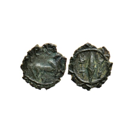 Pallavas of Kanchi, Potin Unit, 1.25gm, Obv: Bull standing facing to right above crude Bra