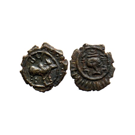 Pallavas of Kanchi, Mahendravarman I, Potin Unit, 2.12gm, Vishnukundin type, Obv: Bull sta