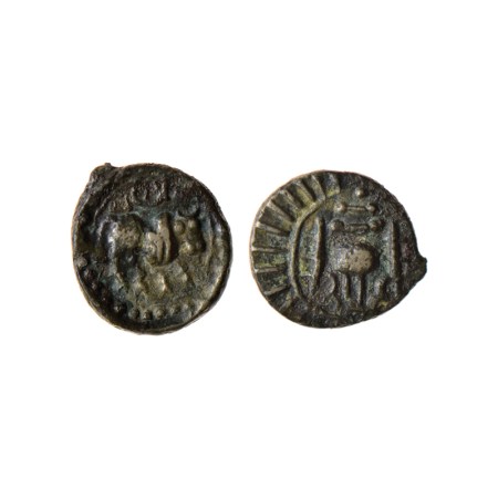 Post-Vakataka, Vishnukundin Type, Vidarbha Region, Copper Base Alloy, 0.68gm, Obv: Bull wa