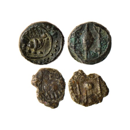Post-Vakataka (2), Vishnukundin Type, Copper Base Alloy, 0.99gm & 2.30gm, Obv: Bull walkin