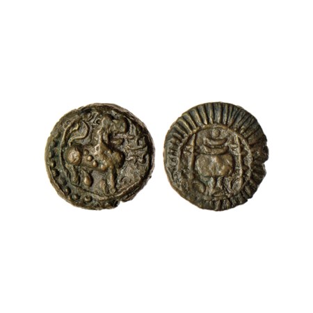 Vishnukundin Dynasty (c. 450-615 AD), Copper base alloy Unit, 8.05gm, Obv: Lion to right w