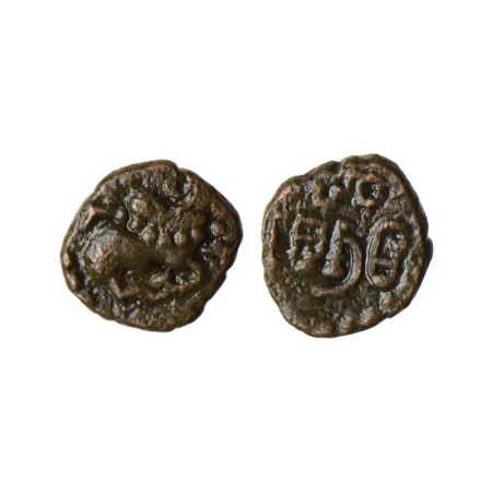 Kalachuris of Mahishmati, Krishnaraja (c. 550-575 AD), Copper Drachma, 0.95gm, Obv: Humped